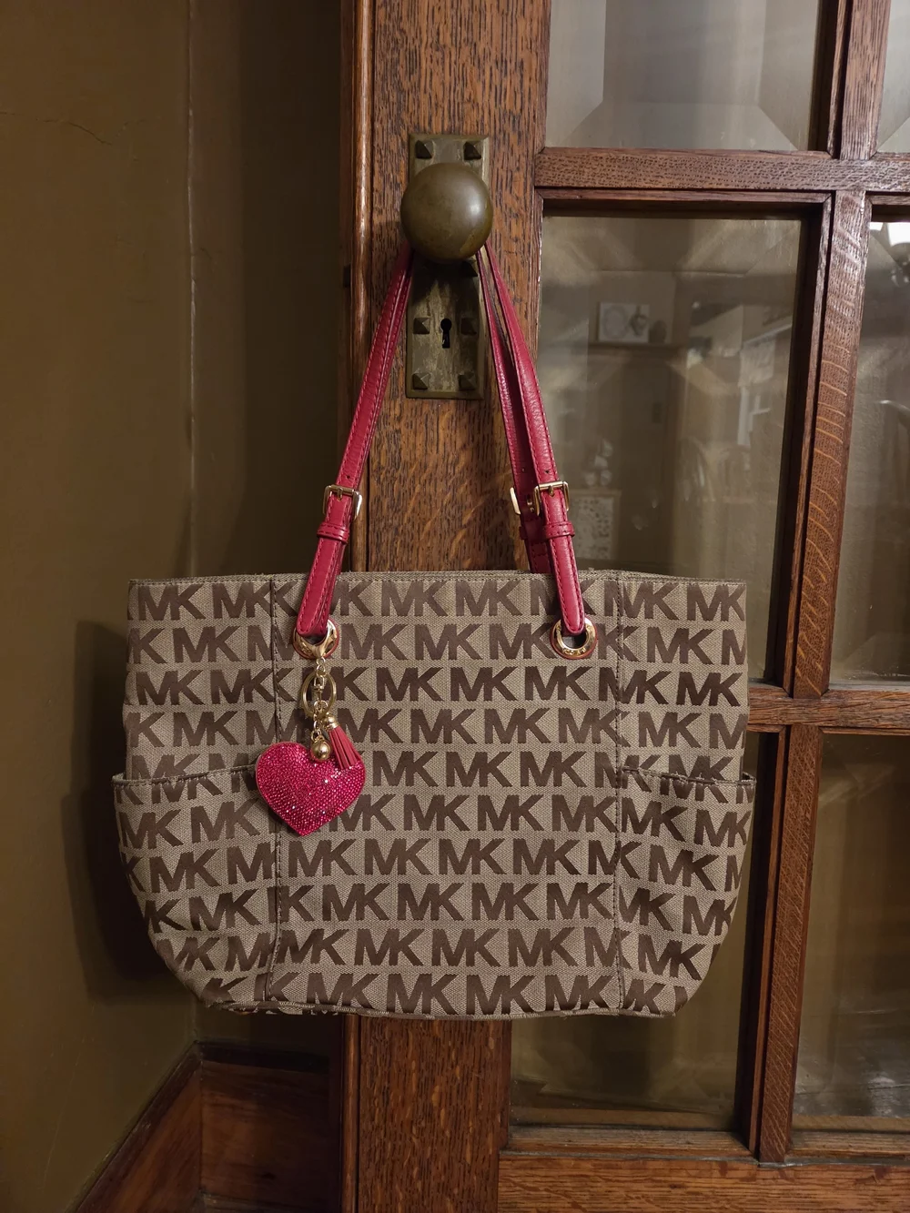 Michael Kors Brown MK Signature Tote with Red Handles